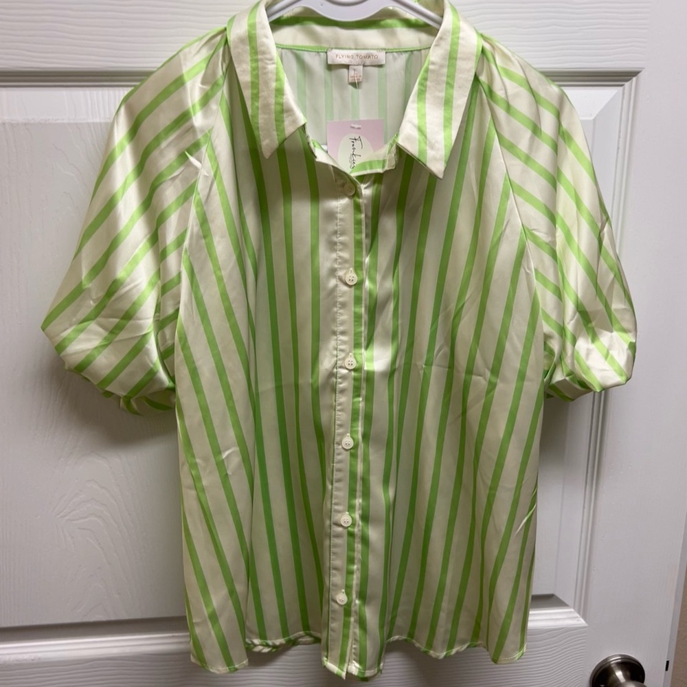 Green and White Striped Button-Up Blouse